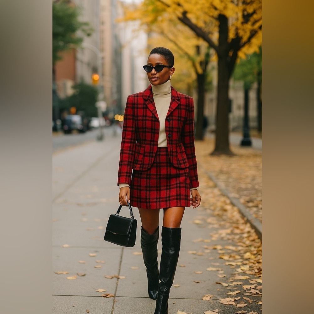 AMANDA SMITH | Vintage Wool Red and Black Checkered Skirt Suit